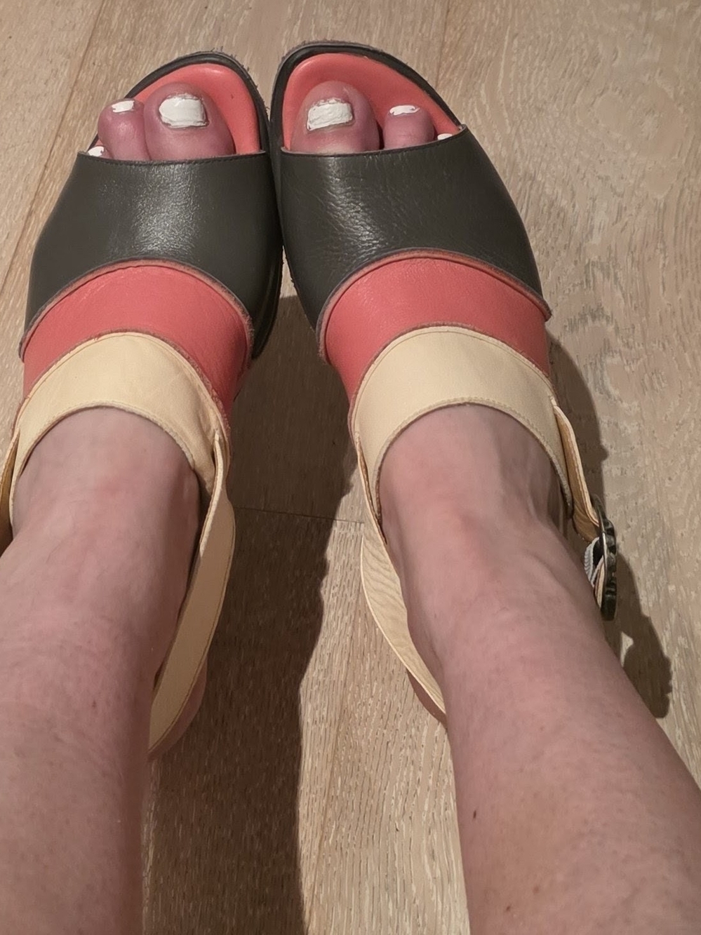 Fluevog Women’s Leather Slingback Sandals — Grey, Coral & Cream